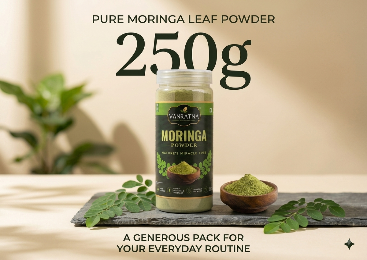 A jar of Vanratna Pure Moringa Leaf Powder is displayed on a dark slate tray with a small wooden bowl of green powder and fresh moringa leaves. Large text reads 'PURE MORINGA LEAF POWDER 250g' against a warm beige background.